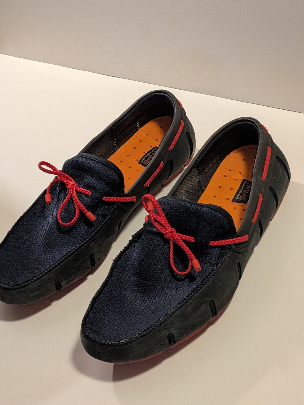 Swims Navy Boat Shoes with Red Laces and Orange Insole